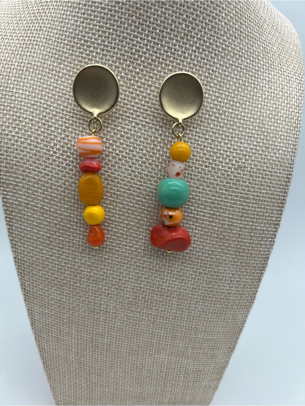 Mismatched Glass Bead Drop Earrings with Gold Discs - Yellow & Turquoise